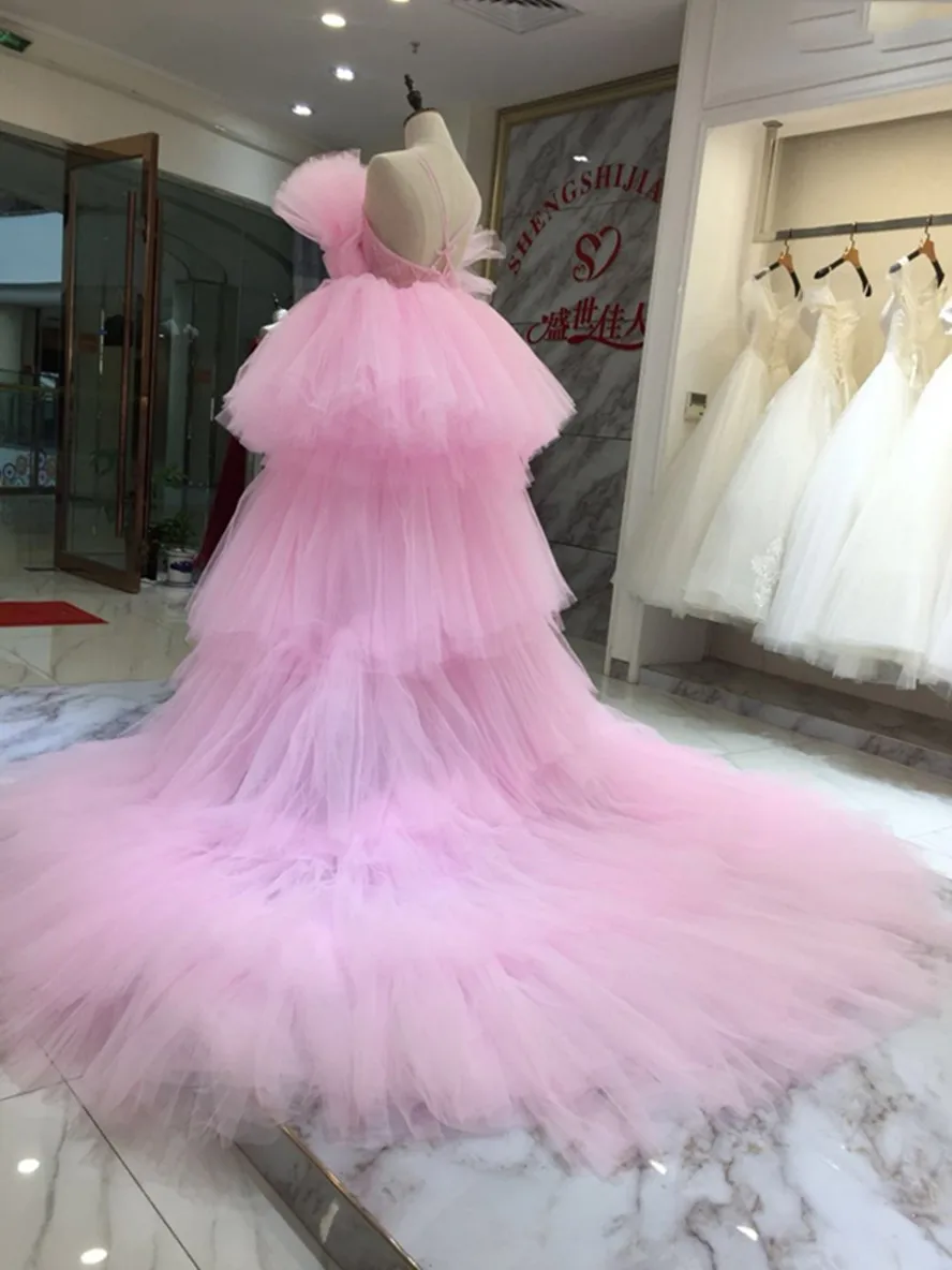 Vestidos de baile rosa com trem destacável, babados em camadas, longos vestidos de noite, alta baixa, imagem real, 2 peças, 2024