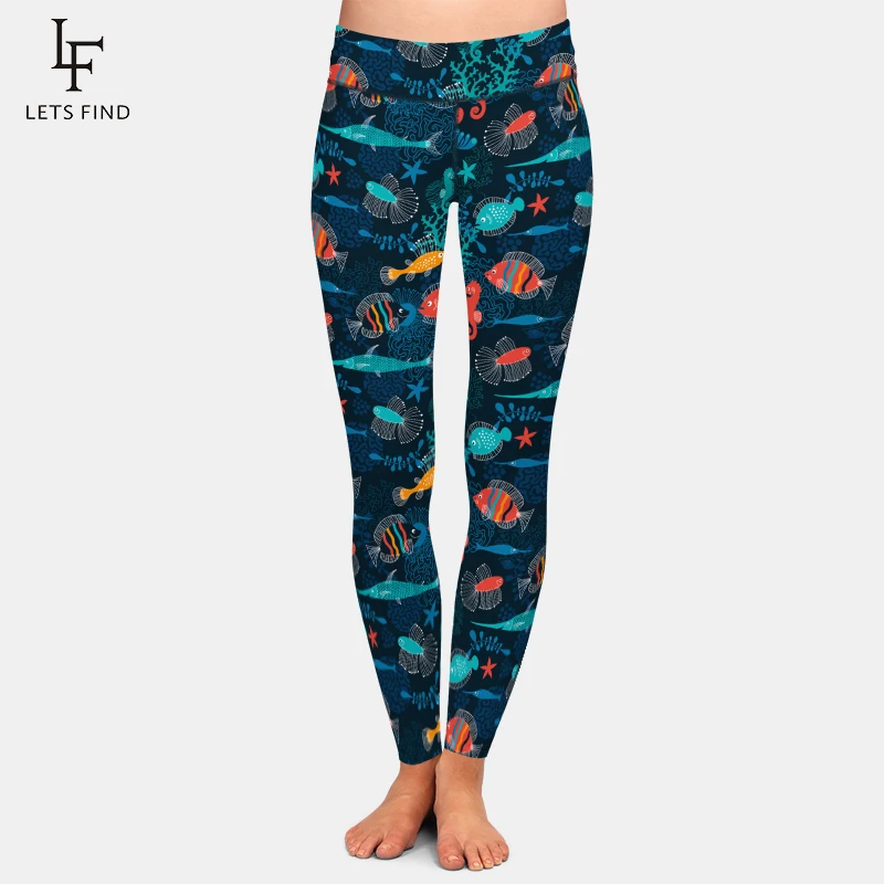 Letsfind alta elastic cintura alta casual leggings femininas 3d cartoon fish print preto menina quente leggings