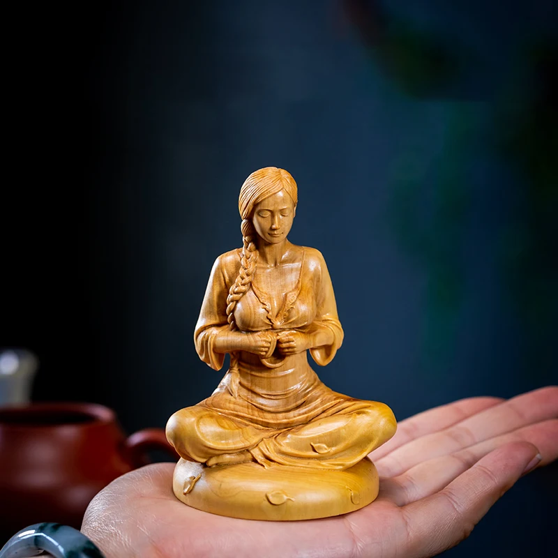 Hand-Carved Wooden Meditative Yoga Beauty Statue - Exquisite Chinese Style Decorative Figurine