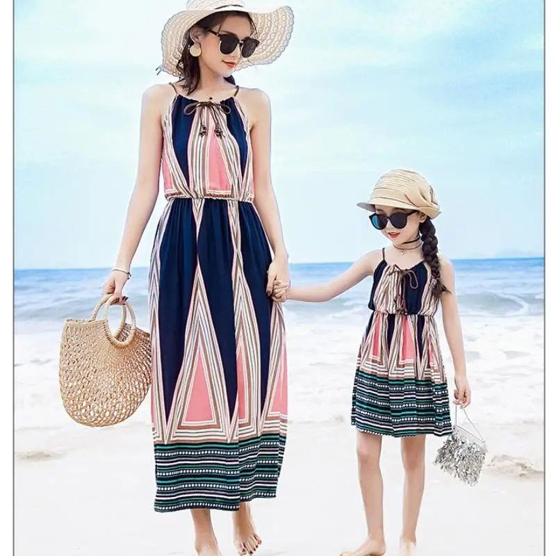 

Parent-child long dress Summer Sleeveless Bohemian Long Sundress Deep Drawstring Bandage Elegant Vestidos Vintage Print Dresses