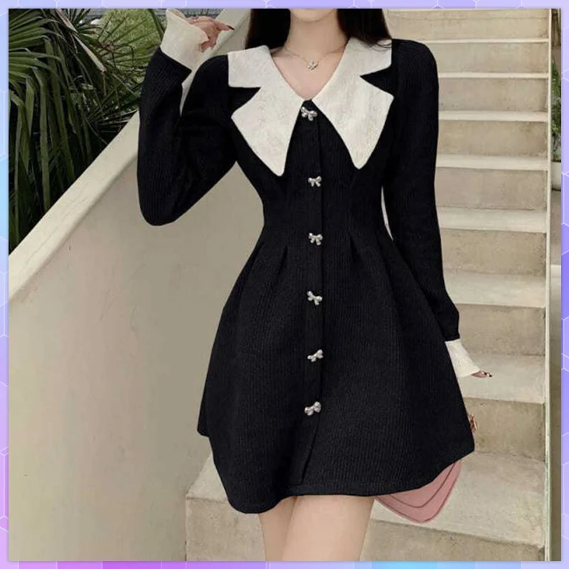 Spring Autumn Winter Korean Chic Peter Pan Collar Single-Breasted Sweet Dresses Women Vintage Long Sleeve Party Dress Vestidos