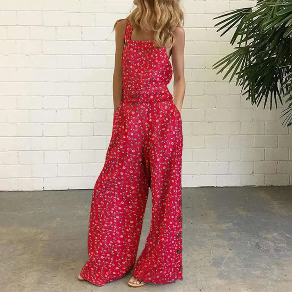 2022 Jumpsuit Nữ Dáng Rộng Dài Áo Liền Quần Họa Tiết Hoa Cổ Vuông Phối In Hình Cao Cấp Hở Lưng Jumpsuit W/Túi Комбинезон Женский