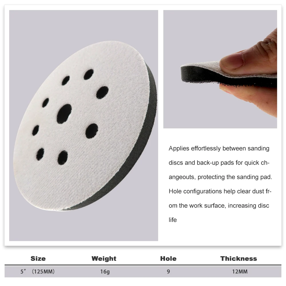 5 "9 หลุม 125 มม.อินเทอร์เฟซ Pad Hook และ LOOP Soft Foam Disc Pad สําหรับ Damping & ปกป้องแผ่นขัด (Pack of 5)