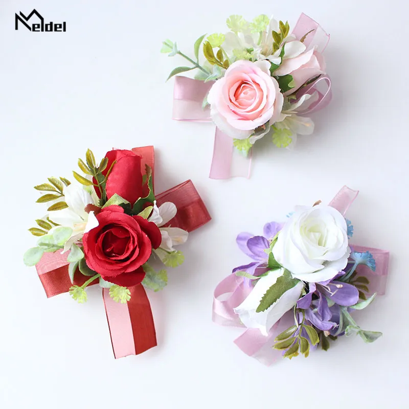 Meldel Silk Flowers Corsage Bracelet Bridesmaids Artificial Flowers Wedding Groom Boutonnieres Wedding Marriage Corsage Brooches