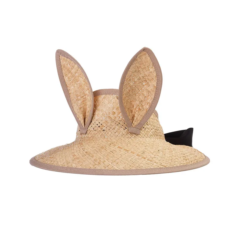 USPOP Summer Sun hats New Ears Bowknot Hand-made Raffia Straw Hat without Crown Outdoor sunscreen straw hat for children S 54CM