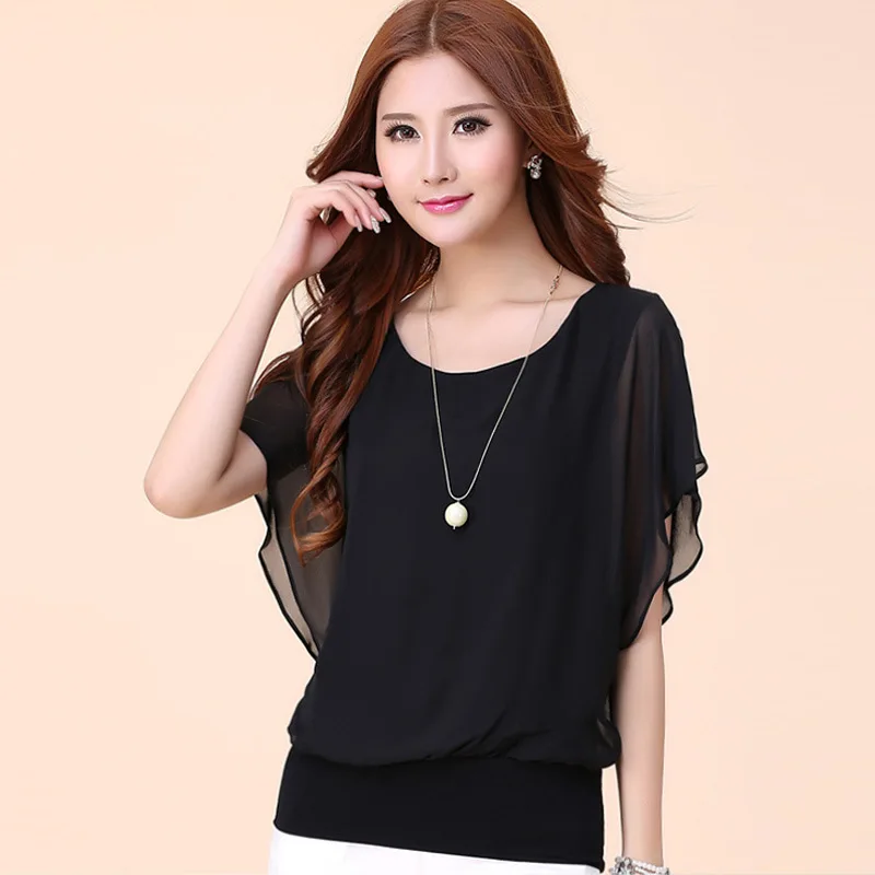 Plus Áo Sơ Mi Size 5XL Mùa Hè Áo Voan Nữ mẫu Mới Cao Cấp Thời Trang Nữ Xù Cánh Dơi Ngắn tay Áo Trắng NS4608