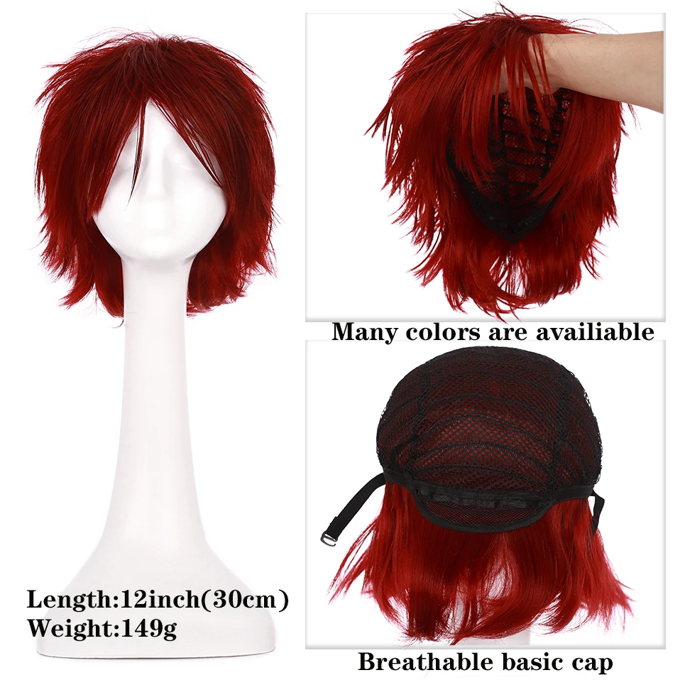 HAIRRO Short Cosplay Wig Red Pink Blue Brown White Grey Hair Wigs Synthetic Straight Costume Wig For Christmas Party