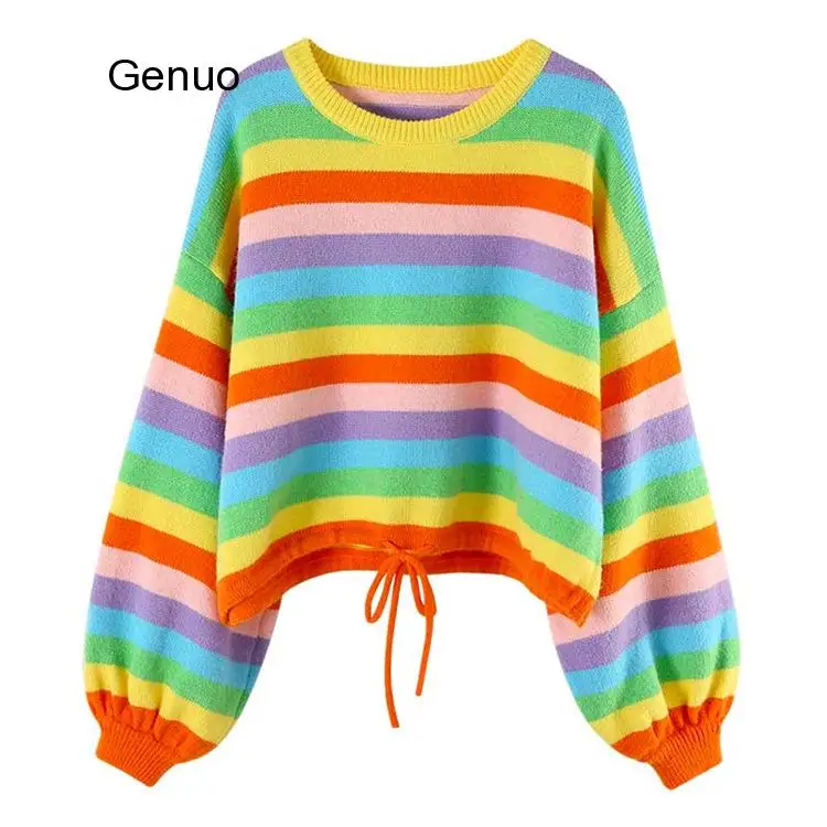 

Rainbow Stripe Women Sweater Cute Pullover 2020 Autumn Knit Oversized Tops Lantern Sleeve Drawstring Lace Up Short Jumper