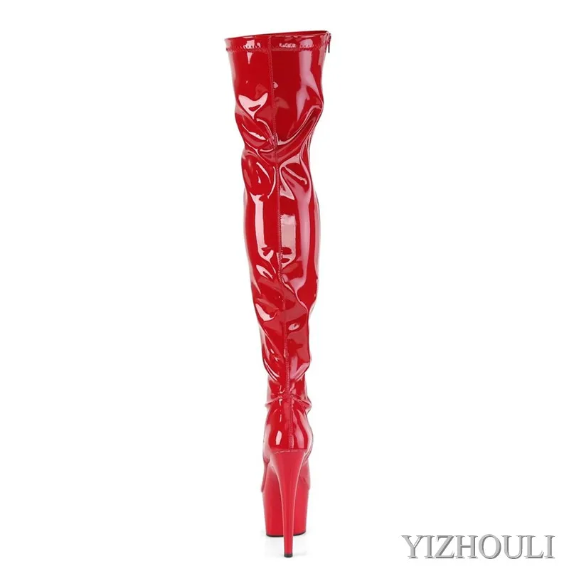 17cm heels sexy over-the-knee boots, shiny lacquered upper stage shoes, plus size pole dancing boots for models