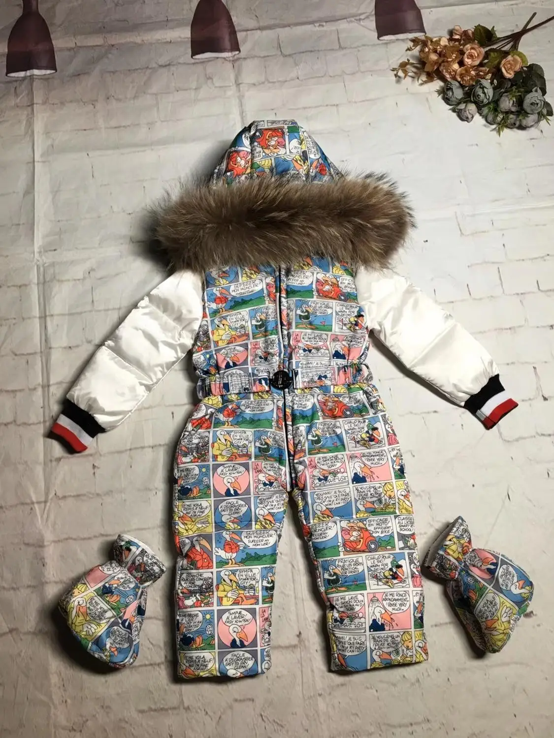 Real fur hooded 2021 Winter Jacket child jackets children jumpsuit snow suit girl floral limbing down romper ski suits outerwear