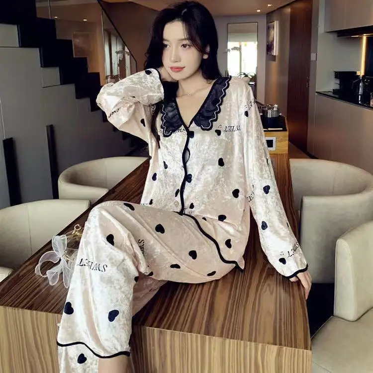 Fdfklak пижама женская New Lovely Gold Velvet Winter Pajamas Women Cute Sleepwear Set Long Sleeve Homewear Pyjama Pour Femme