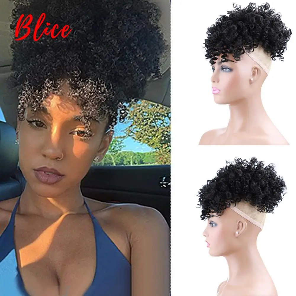 

Blice Short Synthetic Afro Kinky Curly Ponytail High Puff Drawstring Hairpiece with Bangs Clip in Hair ExtensionS 140g/PCS