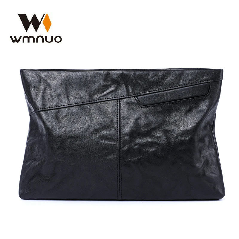 

Wmnuo Men's Clutch Bags Cow Genuine Leather Vintage Big Soft Hand Bag For Male Long Wallets Envelope Bag Phone Pocket Black