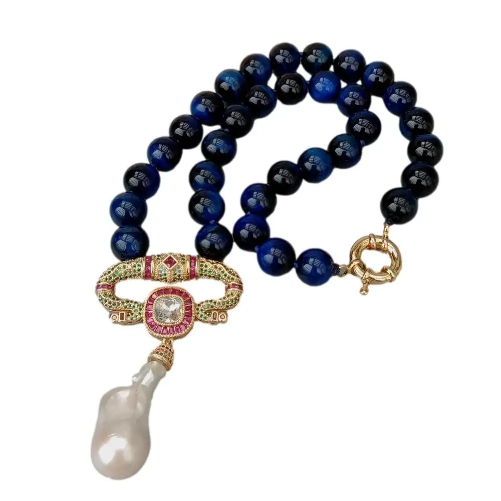 

YYGEM Cubic Zirconia Pave White Keshi Pearl Pendant 19" Blue Round Tiger Eye Necklace