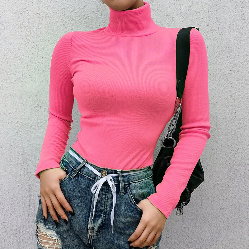 Solid Turtleneck Slim Fitted Neon T-Shirt Women Long Sleeve Tops Tee Shirt 2021 Autumn Tops Womens Clothing Casual Tee Shirt