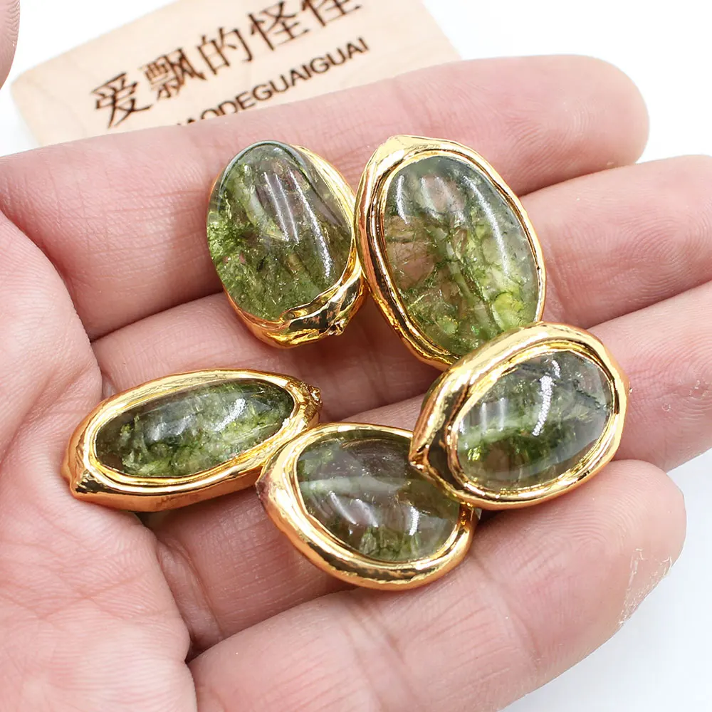 5Pcs 16x25mm Gold Plated Natural Green Moss Glass Quartzs Nugget Gems Oval Beads For Necklace Pendant Jewelry DIY