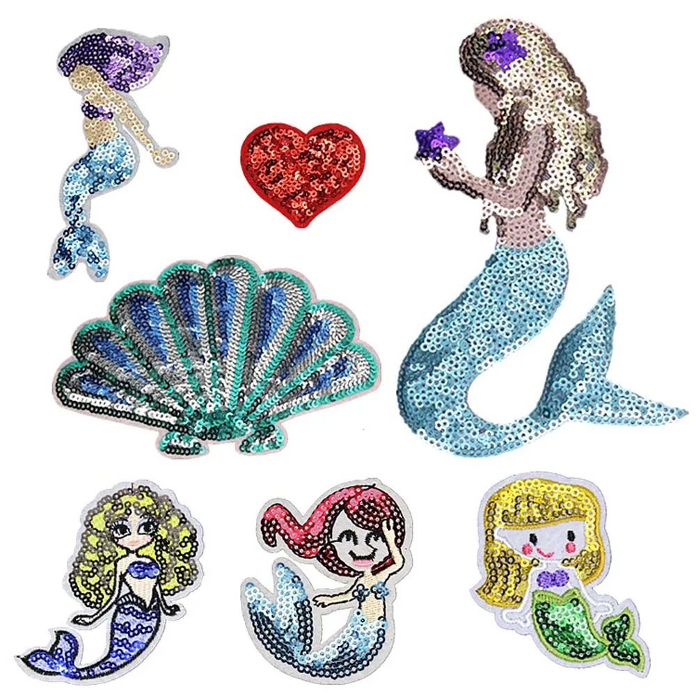 Mermaid Heart Paillette Sequins Patches Cap Bag Shoe Iron On Appliques DIY Apparel Accessories Patch For Clothing Fabric Badges