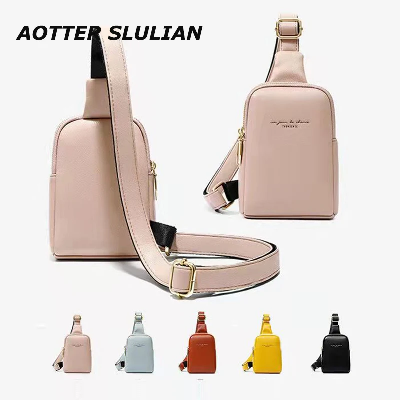 Trendy Diagonal Bag Women Brand Leather Small Pack Banana Chest Pouch Literary Girls Pink Shoulder Pocket Outside Zipper Mochila