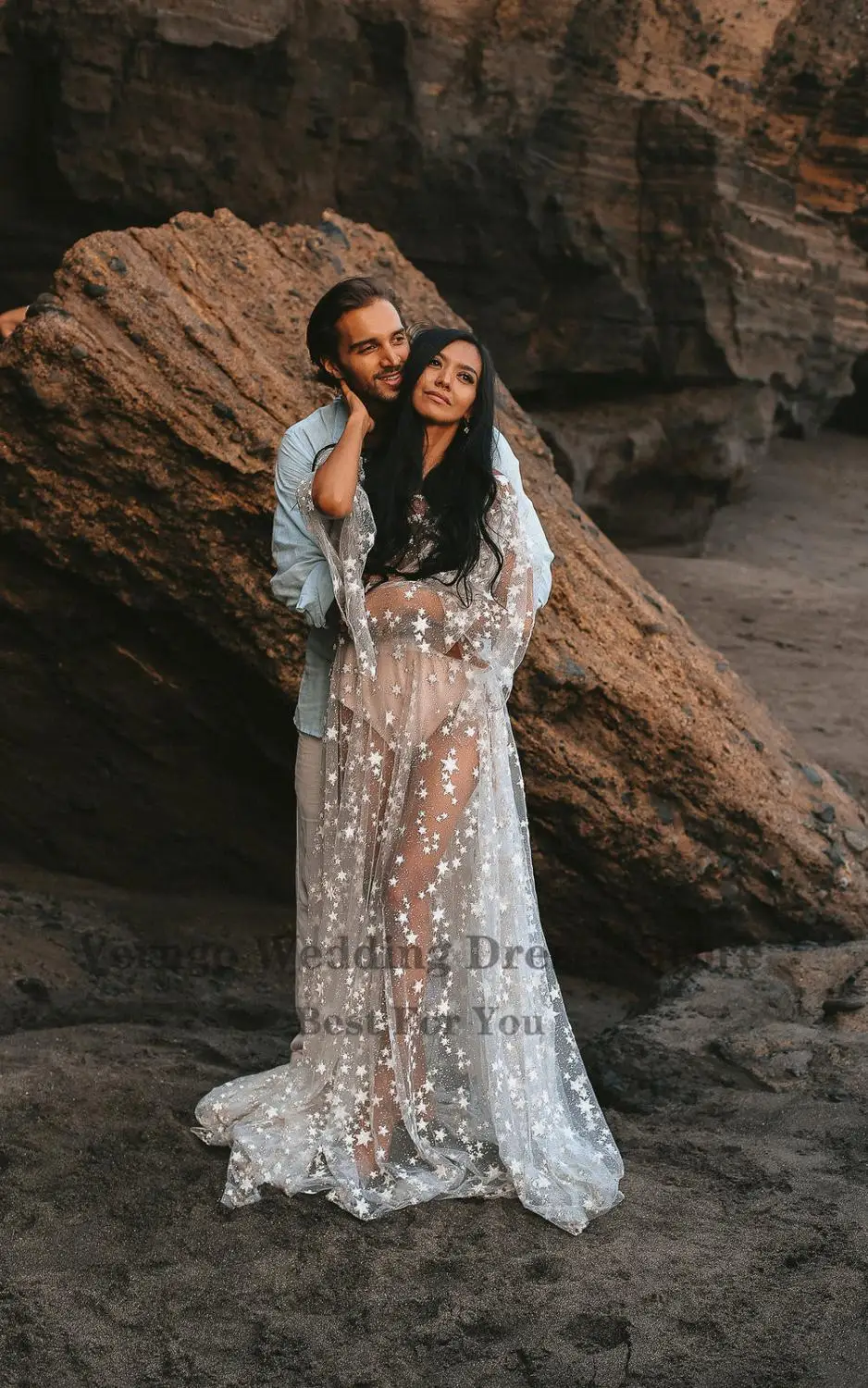 Verngo brilhos contando estrelas praia vestido de casamento boho rendas brilho contas mangas compridas moderno boêmio vestidos de noiva personalizados