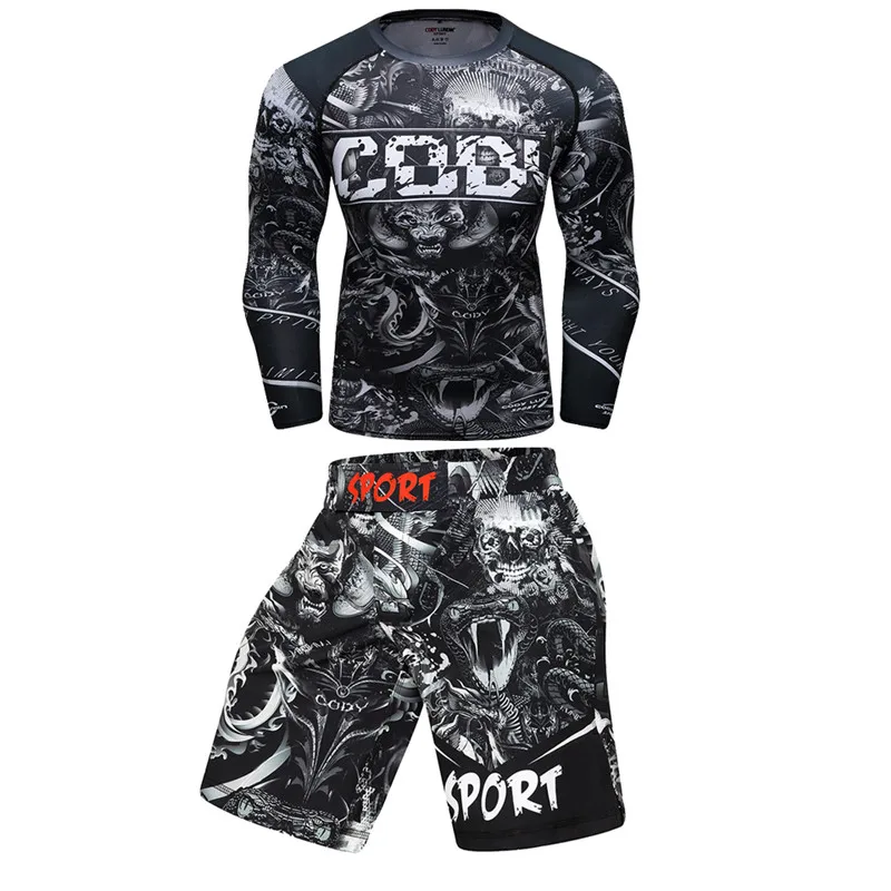 Men Sport kickboxing Set Compression T-Shirt+Pants Skin-Tight Long Sleeves Fitness Rashguard MMA Training Clothes Jerseys set