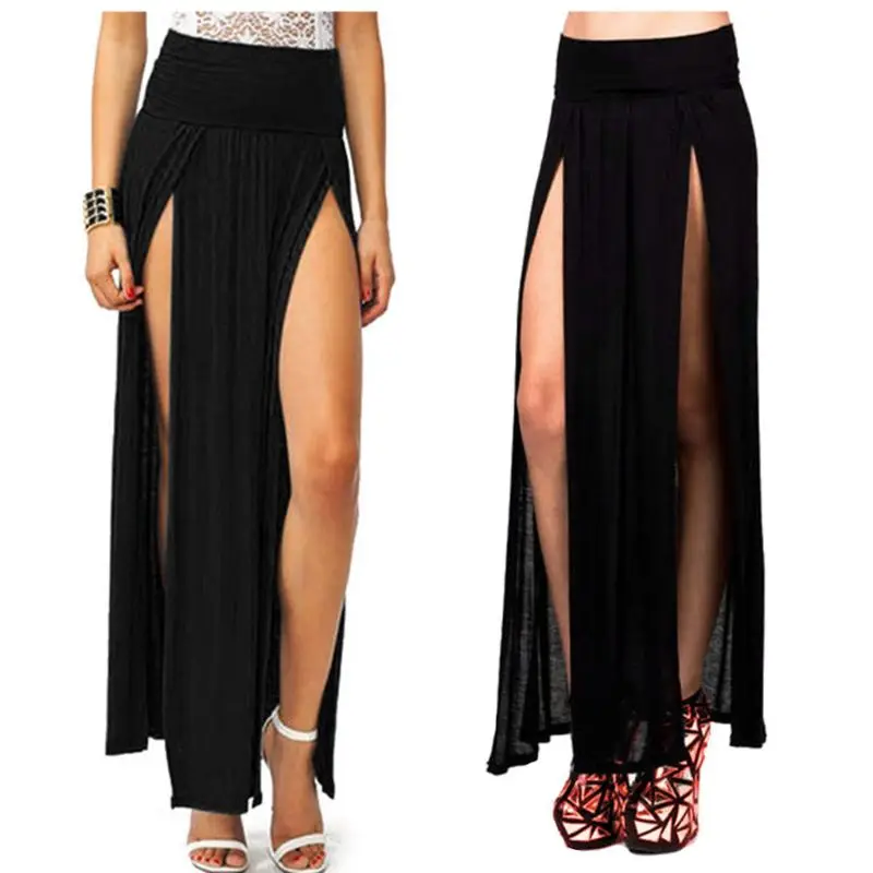 Jupe longue plissée à Double fente pour femmes, taille haute, Sexy, maille ouverte devant, couleur unie, ourlet irrégulier, robe de plage, Cover-Up pour Bikini