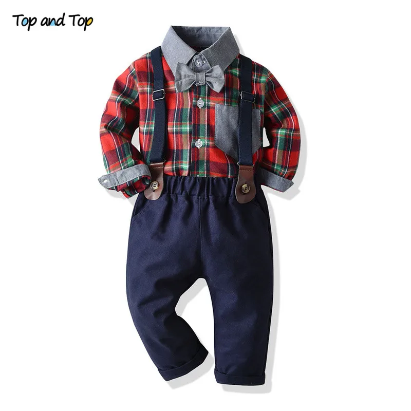 

Top and Top Fashion Kids Boys Gentleman Clothes Set Plaid Bowtie Long Sleeve Shirt+Suspender Pants Children Casual Outfits