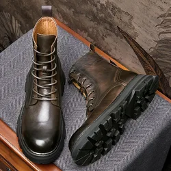 Excellent！Men's Classic Retro Coffe Color Mid-calf Full Grain Leather  Lace Up Boots Recommand 100