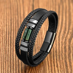 Multi-layer Hand-woven Leather Bracelet, Natural Tiger Eye Stone Beaded Bracelet, Stainless Steel Jewelry Accessories