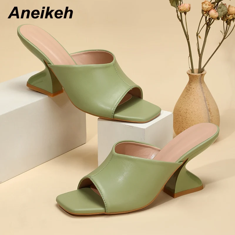 Aneikeh Fashion Solid PU Slip-On Leisure Slipper Strange Heels Square Open Toe Women Mules Outdoor Sandals Size 35-42 Summer New