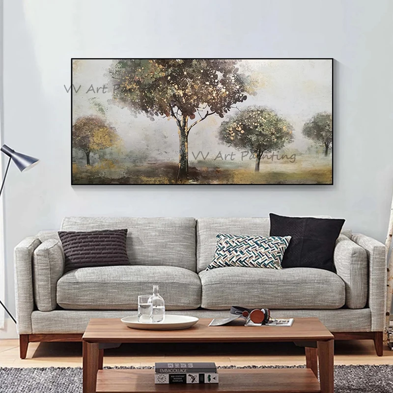 Abstract Gold Foil Country Tree Oil Painting 100% Hand Painted Canvas Palette Knife Textured Horizontal Sofa Wall Decor