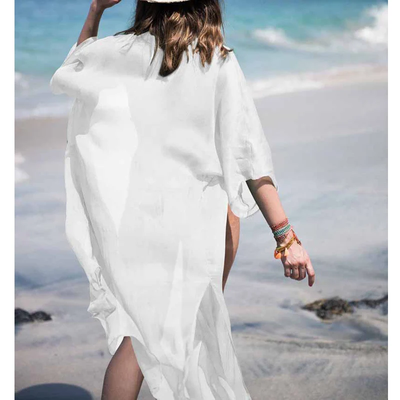 New Summer Solid Long Sleeve Bikini Cover Ups Ladies Beach Long Maix Kafan Swim Wear Beachwear Holiday Sundress