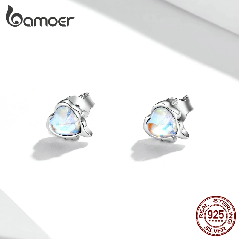 bamoer Authentic 925 Sterling Silver Melting Heart-Shaped Moonstone Stud Earrings for Women Silver Earrings Jewelry Party Gift image 4