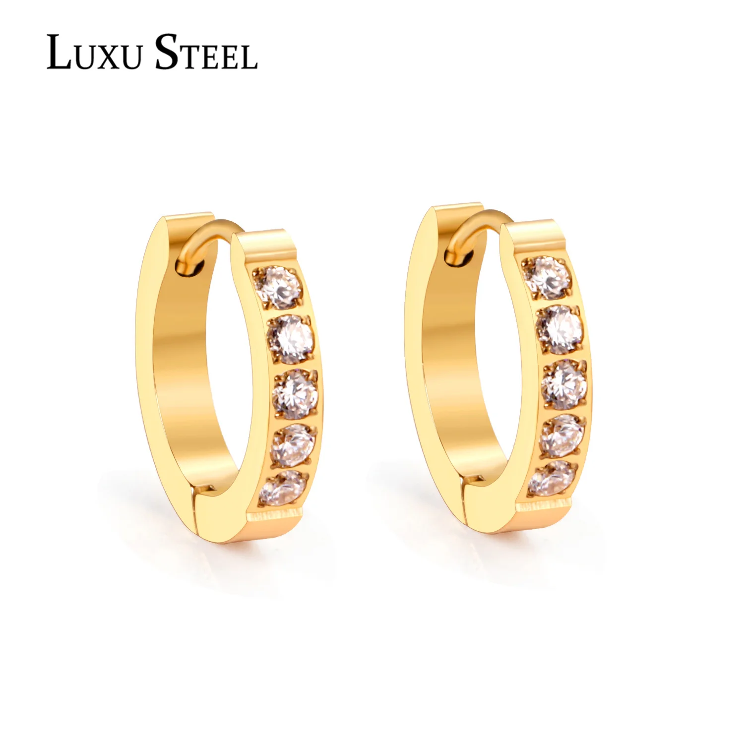 LUXUSTEEL Hoop Earrings For Women Brincos Stainless Steel  Round Gold Color Geometry CZ Dangle Jewelry Bijoux Female