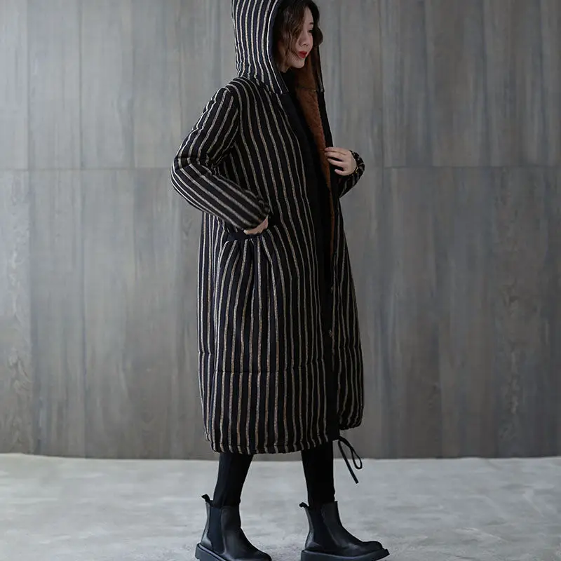 Retro Black Striped Cotton-padded Jacket Women Clothing 2024 New Fashion Long Parkas Winter Jackets Coats Overcoats  e547