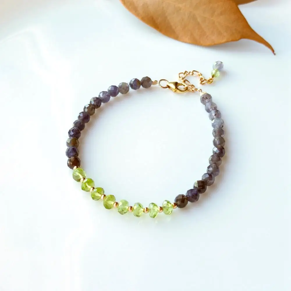 Lii Ji Genuine Natural Blue Iolite Peridot Bracelet 14K Gold Filled Delicate Bracelet  17.5-19.5cm For Women Girl  Jewelry