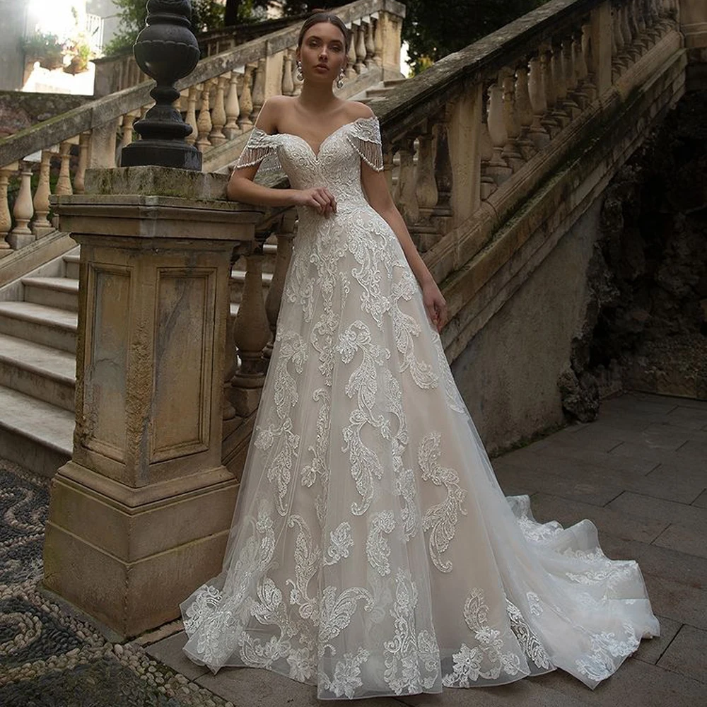 Robe De mariée princesse exquise, personnalisée, épaules dénudées, dentelle, ligne A, robes De mariée avec traîne De balayage