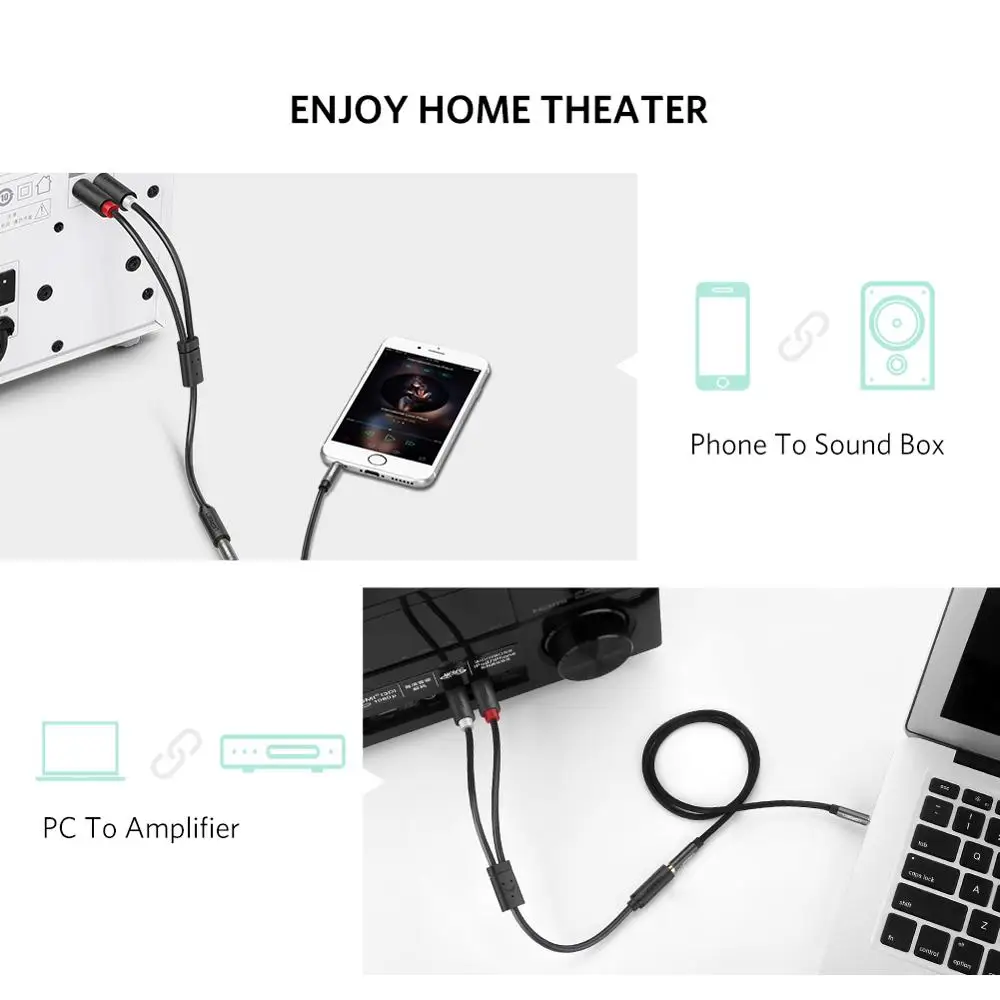 UGREEN-3.5mm 암 2 RCA 수 스테레오 오디오 Y 케이블 어댑터, 오디오 케이블 Aux 케이블 핸드폰 Edifer 홈 시어터 DVD VCD