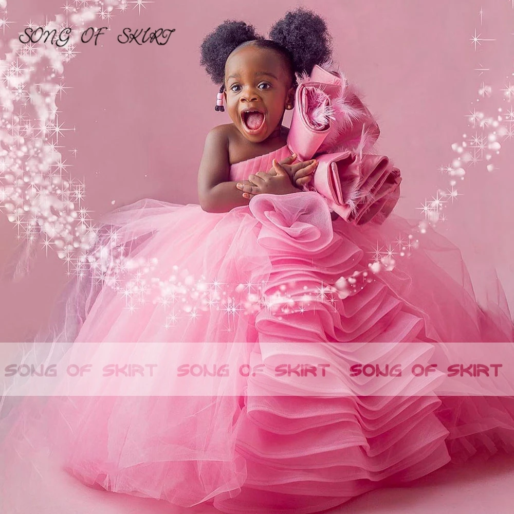 Cute Baby Pink Flower Girl Dresses Three-dimensional Feather  Children Birthday Party Ball Gown платье для девочки