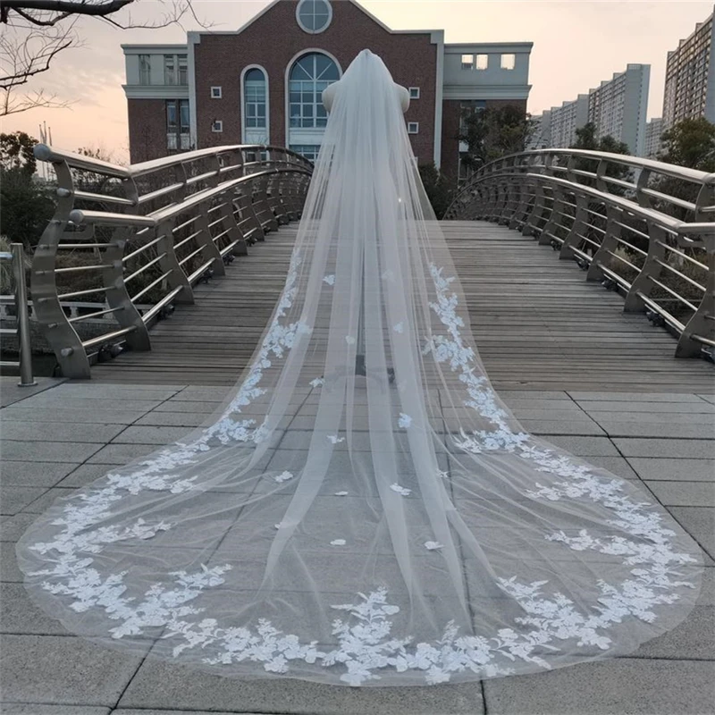 Real Photos Bridal Veil with Comb Cathedral Long Wedding Accessories White Ivory Lace Tulle Veils for Brides Velos de Novia 3 5m