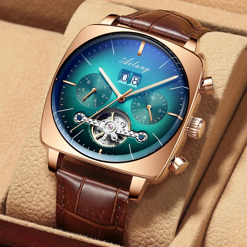 AILANG Brand Luxury Mechanical Watch Square Big Dial Watch Leather Strap Waterproof Fashion Tourbillon Watches Men Zegarek Męski