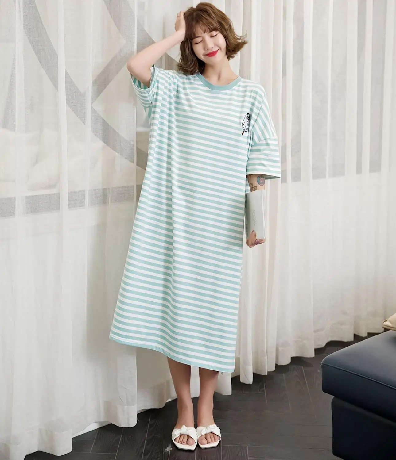 

Ladies Loose Cotton Night Dress Helf Sleeve Nighties O-neck Nightgown New Arrival Robe Nightdress Striped Sleepwear Nightwear