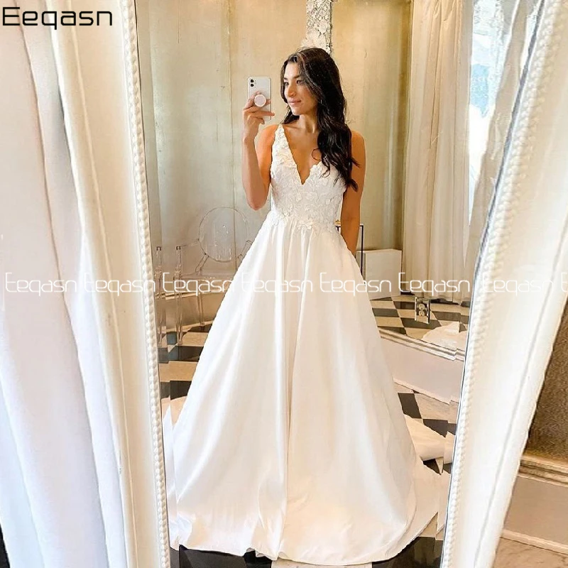 Customized V Neck Wedding Dress  Floor Length Satin A-line Wedding Gown Bride Dress with Pockets Plus Size vestido de noiva