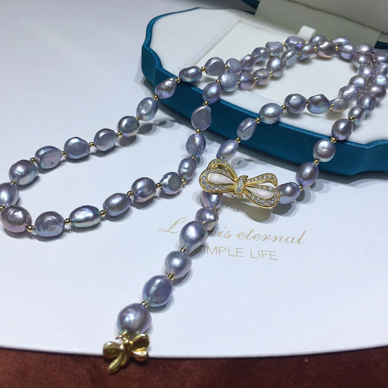 HABITOO Luxury Natural 12-13MM Gray Baroque Freshwater Pearl Gold Bead Necklace Crystal Cubic Zircon Bow Clasp Adjustable Gifts