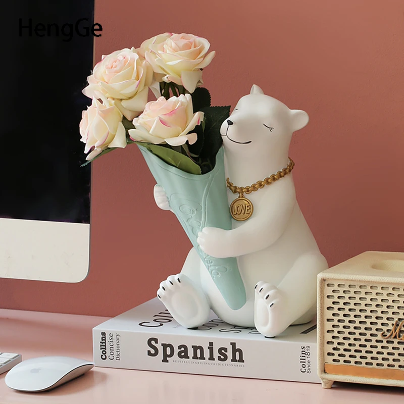 Cartoon Polar Bear Decor Vase Animal Statue Office Desktop Dried Flowers Vases Resin Embellishments Living Room Decoration