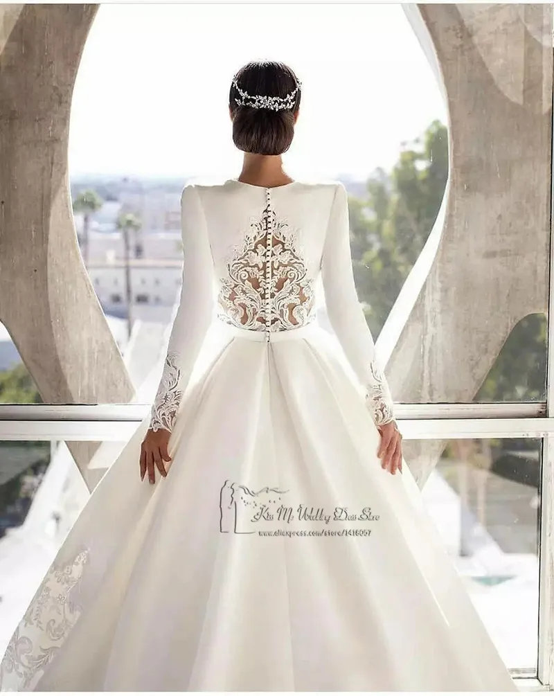 Alta qualidade cetim manga longa vestidos de casamento 2021 rendas vestido de baile vestido de noiva botões românticos v pescoço feminino courte