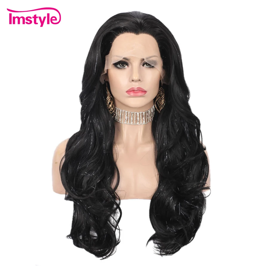 Imstyle Tinsel Wigs Black Brown Synthetic Lace Front Wig Long Natural Wavy Wigs For Women Party Glitter Wig