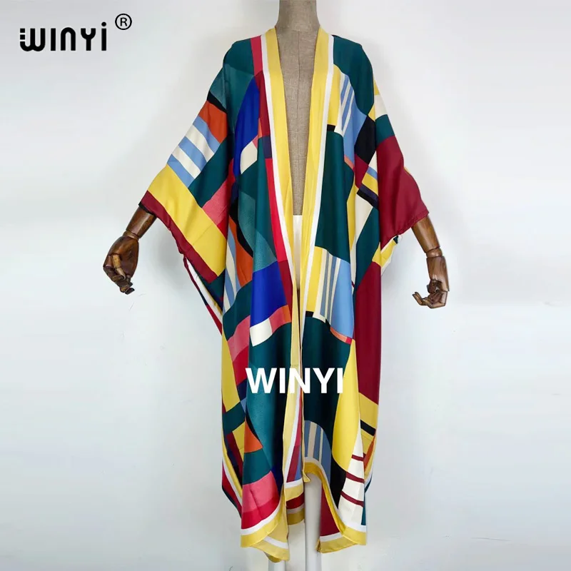 2021 WINYI new Cotton Bikini Sweet Lady Pink Boho Print Self Belted Front Open Long Kimono Dress Beach Tunic Women Wrap Dresses