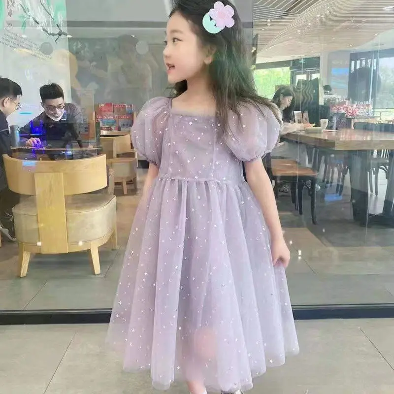 Mesh Baby Dress Summer Girl Star Sequins Birthday Princess Dress Bow Floral Children\'s Voile Puff Dresses 2-12 Years Girl Dress