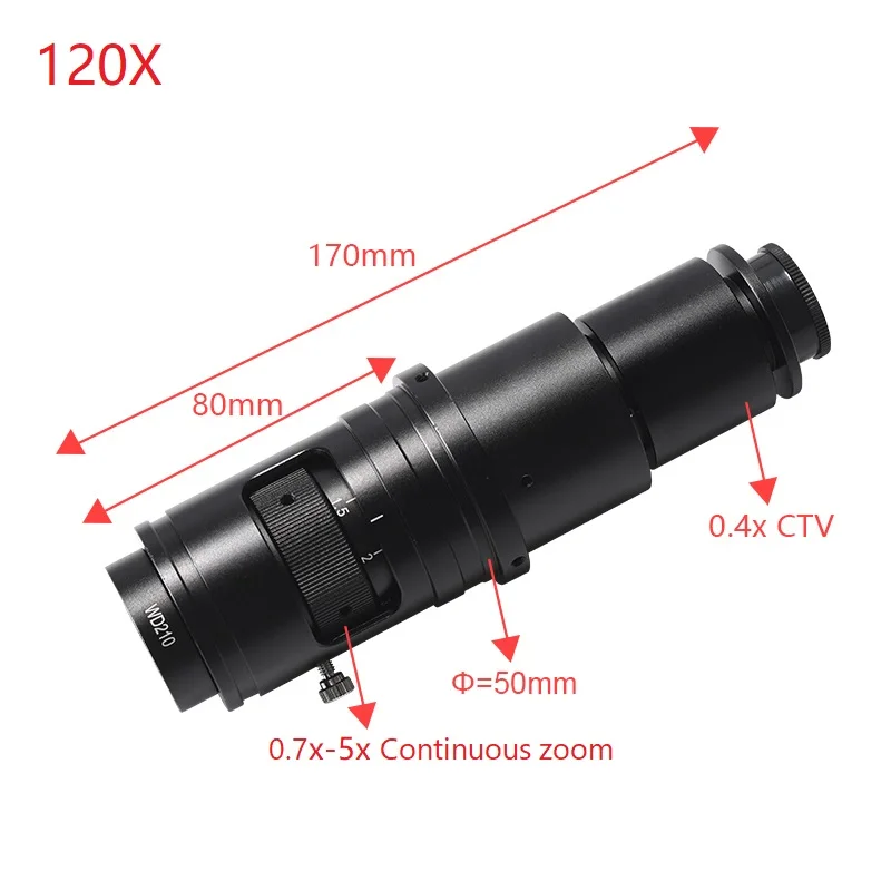 Lente de Zoom con aumento de 0,7x-5X, objetivo de montaje en C, lente Parfocal 180X 120X para cámara de microscopio, soldadura de reparación