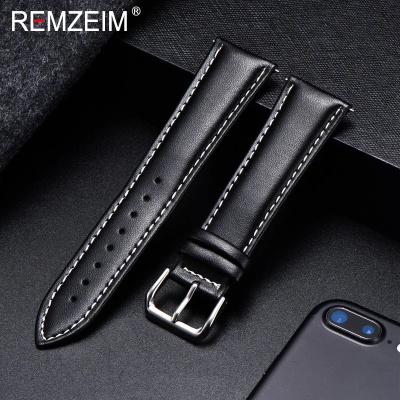 REMZEIM Watch Band Genuine Leather straps Watchbands 18mm 20mm 22mm 24mm Watch Accessories Women Men Brown Black Belt Band